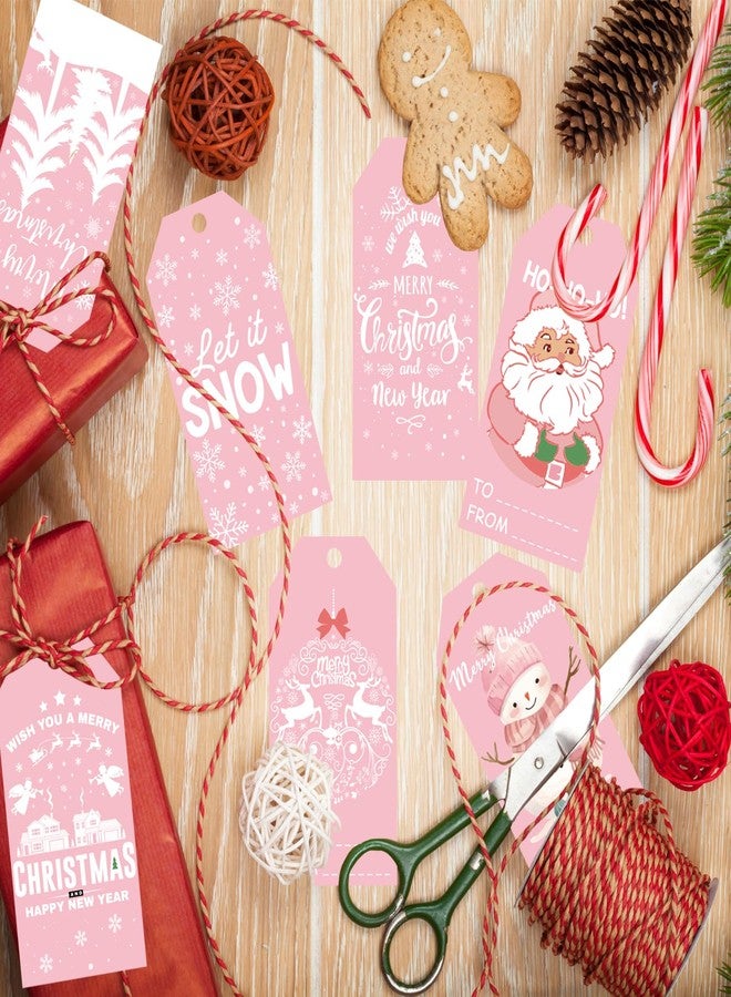 Doumeny 120PCS Pink Christmas Paper Tags - Winter Snowman, Santa Claus, Xmas Tree, Snowflake Hanging Labels With String - Let It Snow Tags for DIY Art Crafts Wrapping - Image 3